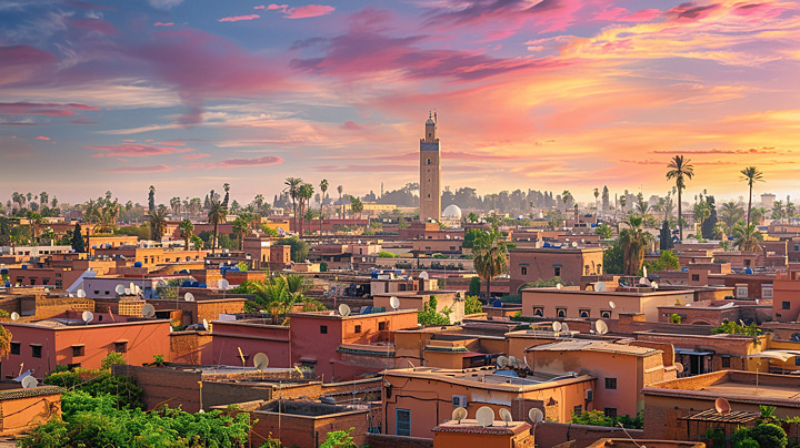 Marrakech rooftop terrace at golden sunset, Morocco — personalized travel planning by StayHere.ai